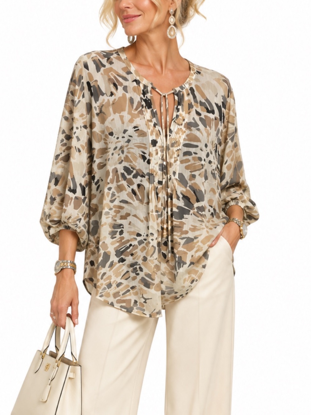 SUSAN GRAVER EARTHY PRINT TUNIC TOP SZ LG EUC